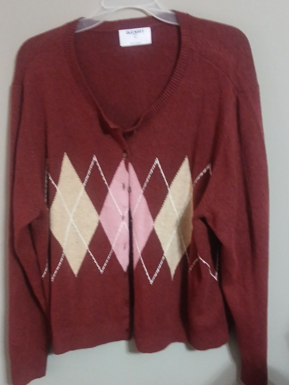 Classic Argyle Cardigan Sweater - Rust with Pink & Cream